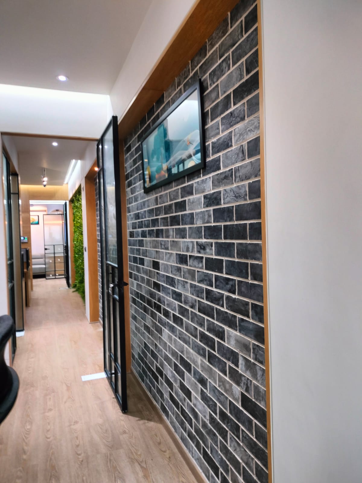 Office hallway with brick texture